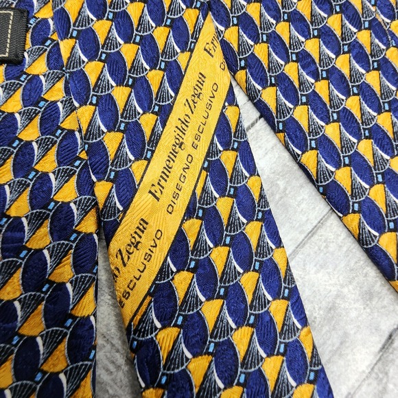 Ermenegildo Zegna Exclusive Design Tie Blue Gold Geometric Silk Necktie‎ Italy - Picture 9 of 12